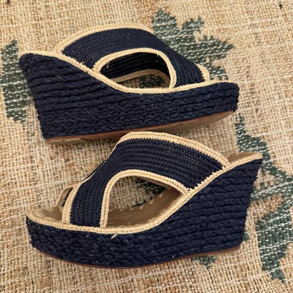Elegant Navy and Tan Woven Wedges - Picture 1 of 5